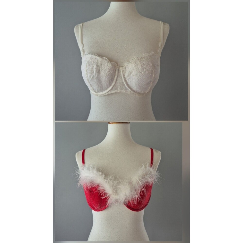 Victoria's Secret White Lace Balconette Bra Red Christmas Feather Bra Womens 34C
